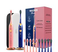 Wagner et Stern. Série Duette. 2 brosses à dents électriques avec capteur de pression. 5 modes de brossage et 4 niveaux d'intensité, 10 poils Dupont, 2 étuis de voyage premium. (Rose/Bleu)
