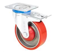 WAGNER Roulette pivotante Soft pour charges lourdes - Ø 125 mm, acier & fonte, rouge / argent, frein & plateau, charge max. 300 kg - 04022501