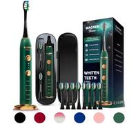 Wagner Stern WHITEN+ - Brosse à dents électrique avec capteur de pression, 5 modes, 3 intensités, 8 têtes souples, moteur puissant, étui de voyage luxe inclus (Émeraude)