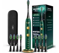 Wagner Stern WHITEN+ - Brosse à dents électrique avec capteur de pression, 5 modes, 3 intensités, 8 têtes souples, moteur puissant, étui de voyage luxe inclus (Émeraude)