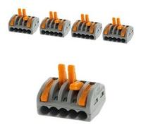 WAGO, Borne à Levier Série 222, Sachet de 5, 5 Entrées, Compatible Fils Rigides, Semi-Rigides et Souples 0,08-4 mm², Tension 400V, Courant 32A, Longueur Dénudage 9-10mm