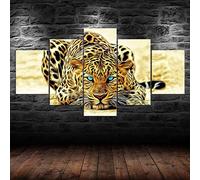WAGYU 5 morceaux de toile art,5 pieces impression encadree tableaux,5 pieces peinture sur toile,impression sur toile 5 parties léopard animal yeux bleus décoration murale salon moderne xxl 150x80cm
