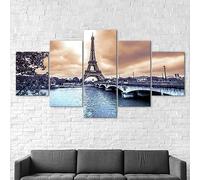 WAGYU Avec cadre Peinture 5 Pièces toile de peinture,Art Moderne,HD Sticker Mural Modulaire Affiche Décor,Cadeau,tableau decoration murale chambre Tour Eiffel Romantique Paris France,125x60cm