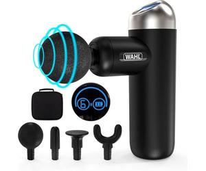 WAHL Pistolet de massage, percussion des tissus profonds, mini masseur, puissant, 6 vitesses avec écran tactile LCD, masseurs portables sans fil, massage musculaire léger et portable, 4 têtes
