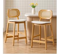 Wahson Tabouret de Bar Lot de 2 Tabouret, Chaise de Bar en Bois et Cannage avec Coussin Imperméable pour Cuisine, Similicuir, Blanc