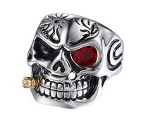 Wahyou Bague Homme en Acier au Titane en Tête de Mort Crâne Strass Anneau Crâne Vintage Bagues d'amitié en Acier Titane Rock Bande Anneaux (54,Strass Rouge)
