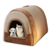 Waigg Kii Grande niche 2 en 1 pour chat d'intérieur - Lit apaisant avec coussin doux amovible - Lavable, anti-anxiété, coupe-vent, antidérapant - Marron - A, 55,9 x 42,9 x 42,9 cm