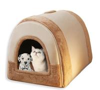 Waigg Kii Grande niche 2 en 1 pour chat d'intérieur - Lit luxueux apaisant avec coussin doux amovible - Lavable, anti-anxiété, coupe-vent, antidérapant - Marron - B, 41,9 x 32 x 30 cm - Taille S