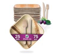 Waipur Assiette Jetable en Feuille de Palmier avec Couverts - 25 pcs. Carrées 25x25 cm, Couteaux et Fourchettes - Vaisselle Naturelle et Élégante - semblable au Bambou et au Bois