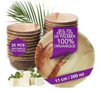 Waipur Bol Jetable en Feuille de Palmier - 25 pcs. 11 cm /200 ml - Coupelle Naturelle et Élégante - Vaiselle Chic, Résistante et au Design Unique - Petite Assiette Bois similaire - pour les Desserts