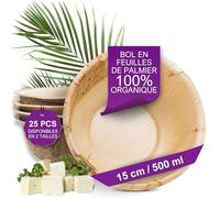 Waipur Bol Jetable en Feuilles de Palmier - 25 pcs. 15 cm / 500 ml - Vaisselle Naturelle et Élégante - Chic, Résistante et au Design Unique - Assiette Creuse en Bambou et Bois similaire