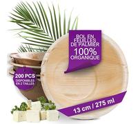 Waipur Bols en Feuilles de Palmier - 200 pcs. 13 cm /275 ml - Vaisselle Jetable Naturelle et Élégante - Chic, Résistante et au Design Unique - Saladier pour Buffet - comme le Bambou