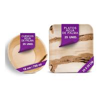 Waipur Set de Vaiselle Jetable en Feuille de Palmier - 25 Assiettes Carrées 25 cm et 25 Bols Ø 18 cm / 700 ml