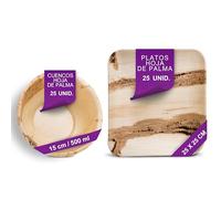 Waipur Set de Vaiselle Jetable en Feuille de Palmier - 25 Bols Ø 15 cm / 500 ml et 25 Assiettes Carrées 25 cm