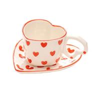 WAIT FLY Ensemble de tasses à café en céramique en forme de cœur avec soucoupe, tasse à thé, tasse à petit déjeuner, assiette à dessert, rouge, 237 ml
