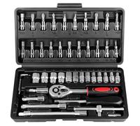 WAIZHIUA 46 Pièces Jeu de Douilles, Coffret de Douilles avec Clé à Cliquet 1/4", Embouts Courants, Barre Coulissante et Rangement pour Réparations Outillage Mecanique Auto