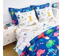 Wajade Parure de lit 7 pièces pour Enfant garçon avec Couette, Drap de lit, taie d'oreiller et Couvre-oreillers, Motif Dinosaure 3D, Bleu