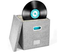 WAJJWI Vinyl Record Storage Box Case for LP Album Linen Fabric Crate Cube Bins with Lid pour CD et Collection Musicale(Gray)