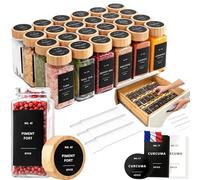 Wakdream® Set Complet Rangement Epices Cuisine Tiroir Avec 24 Pot à Epices en Verre et Bois 120ml | Sans BPA, Bambou Naturel I Rangement Tiroir de 30 à 60 cm I 200 Étiquettes Françaises I Ebook OFFERT