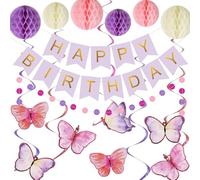 WakiHong Décorations D'anniversaire Violettes D'Anniversaire Fête Suspension Papillon Papier à Suspendre avec Boule en Nid D'abeille,Serpentins à Suspendre,Guirlande de Pois Ronds-Papillons D'annivers