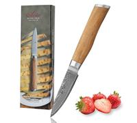 WAKOLI Couteau d'office en Damas I Lame tranchante de 8,5 cm en acier damassé à 67 couches avec noyau VG10 et manche en bois d'olivier I Couteau de cuisine professionnel & couteau damassé