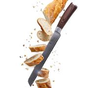 WAKOLI Edib Couteau à pain en acier Damas à lame crantée I Lame de 23 cm en acier damas à 67 couches avec noyau VG10 et manche en bois de pakka I Couteau de cuisine professionnel & couteau damassé