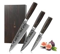 Wakoli EDIB Essentials Lot de 3 couteaux en acier damassé avec 67 couches de noyau 60±1 HRC et protège-doigts en acier damassé VG10 avec protection des doigts dans une boîte en bois