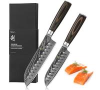 WAKOLI EDIB Essentials Set de 2 Couteaux Santoku Professionnels en Damas | acier damassé à 67 couches, noyau VG10, manches ergonomiques en bois de pakka, lames de 18 et 12 cm, élégant coffret cadeau