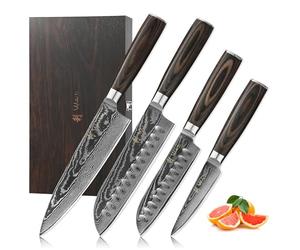 WAKOLI EDIB Essentials Set de 4 Couteaux de Cuisine en Damas, Noyau VG10 | avec une structure à 67 couches, des manches en bois de pakka, un élégant coffret en bois, pour un usage professionnel