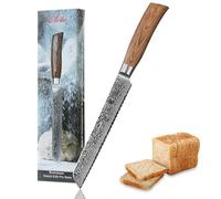 WAKOLI EDIB PRO Couteau à Pain en Damas, 20 cm, Manche en Bois de Pakka | professionnel, lame crantée en acier de Damas à 67 couches avec noyau VG10, pour pain, baguettes et croûtes, coffret cadeau