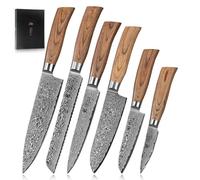 WAKOLI EDIB Pro Set de 6 Couteaux de Cuisine Professionnels en Acier Damas | lames à 67 couches avec noyau VG10, manches ergonomiques en bois de pakka, présenté dans un élégant coffret cadeau en bois