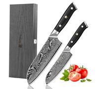 WAKOLI Nitoko Set de 2 Couteaux Santoku de Cuisine Professionnels en Damas