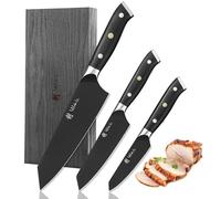 Wakoli Titanium Noir Lot de 3 couteaux de cuisine en acier inoxydable dans une boîte en bois - Ensemble de couteaux tranchants avec revêtement en titane, manche G10, couteau de chef Kiritsuke, petit