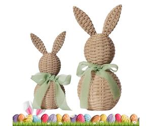 Wakuuea Easter Decorations Rabbit Figurines Set of 2 Rattan Effect Easter Bunny Figurines Decor, Resin Bunny Ornaments Outdoor, Bu-NNY Statues for Spring E-Aster Home Table Decor