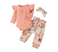 Walabe VêTements Bebe 0-24 Mois, Ensemble BéBé Fille Naissance Printemps Solide Frill Barboteuse + Pantalon à Imprimé Floral + Bandeau Tenue (Rose, 0-6 Mois)