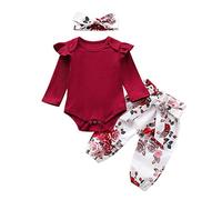 Walabe Vetements Pour Bebe Fille Garcon Naissance Combi Barboteuse + Pantalon à Fleurs + Bandeau Ensemble Pour Bebe 3-18 Mois 3Pcs/Sets