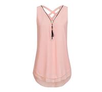 Walaka Débardeur Femme Grande Taille Col V Zippé Haut Femme Chic Mousseline de Soie Chemise sans Manche Tops Tee-Shirt (38 / M, Rose)