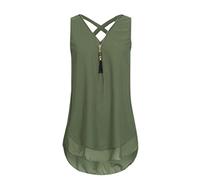 Walaka Débardeur Femme Grande Taille Col V Zippé Haut Femme Chic Mousseline de Soie Chemise sans Manche Tops Tee-Shirt (38 / M, Vert)