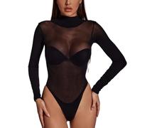 Walang Body en maille à manches longues pour femme - T-shirt transparent - Combinaison sexy - Col haut - Uniforme, Noir , XS-XL