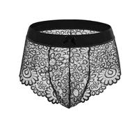 Walang Culotte sexy pour homme Sissy Knickerbocker Slips Stretch Taille basse Dentelle Nœud papillon Boxer transparent en maille, Noir , 44