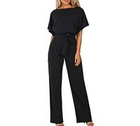 Walant Femmes Combinaison Manches Courtes Col Rond Couleur Unie Barboteuse Jumpsuit D'été Chic Élégant Slim Pantalon Loose Casual Combishort avec Ceinture