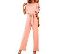 Walant Femmes Combinaison Manches Courtes Col Rond Couleur Unie Barboteuse Jumpsuit D'été Chic Élégant Slim Pantalon Loose Casual Combishort avec Ceinture,Orange,XL