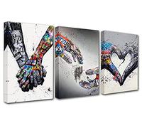 Walarky Banksy Lovers Tenant la main Peintures Adam Hand of God Pop Images Graffiti Street Art abstrait Cœur 3 panneaux Impressions sur toile Chambre d'homme Décoration