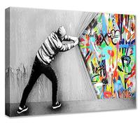 Walarky Graffiti Street Art mural Banksy - Peinture d'art derrière le rideau - 1 panneau sur toile imprimée - Décoration de maison encadrée prête à accrocher (61 x 91 cm)