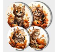 Walarky - Lot de 4 cache-plaques rondes en forme de chat jaune - Motif citrouille d'automne - Pour cuisinières - Feuille d'érable - Cuisinière à gaz - Accessoires de cuisine - Décoration décorative