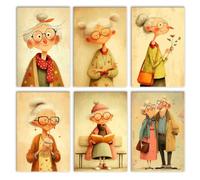 Walarky Old Lady Gentleman Dessin Peinture par numéro Adultes Lot de 6 Granny Grand-père Lecture Boire Peinture à l'huile numérique sans cadre