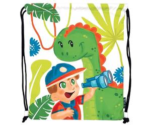 WALD Sac multifonction pour enfants, collection « Aventures heureuses », sac à dos en polyester avec cordon de serrage, pour l'école, le sport et les loisirs, dimensions 34 x 42 cm (h) - Dinosaure