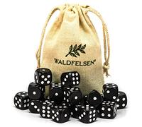 Waldfelsen Lot de 6, 12, 20, 30 ou 50 dés de haute qualité de taille standard de 16 mm en acrylique - Cube de jeu Dice 6 côtés à six côtés - Accessoires de jeu avec sac en tissu (noir, 20 pièces)