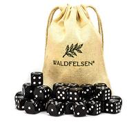 Waldfelsen Lot de 6, 12, 20, 30 ou 50 dés de haute qualité de taille standard de 16 mm en acrylique - Cube de jeu Dice 6 côtés à six côtés - Accessoires de jeu avec sac en tissu (noir, 30 pièces)