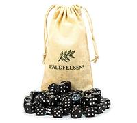 Waldfelsen Lot de 6, 12, 20, 30 ou 50 dés de haute qualité de taille standard de 16 mm en acrylique - Cube de jeu Dice 6 côtés à six côtés - Accessoires de jeu avec sac en tissu (noir, 50 pièces)